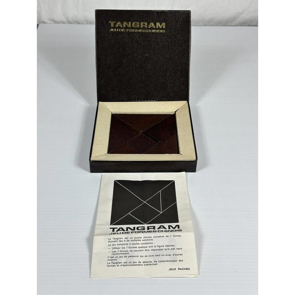 Vintage Tangram Jeu De Formes Chinois Game Stained Wood Pieces in Original Box